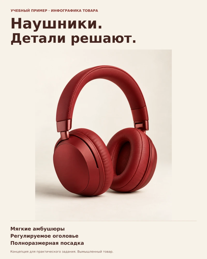 Учебная инфографика красных полноразмерных наушников: мягкие амбушюры, регулируемое оголовье и полноразмерная посадка.